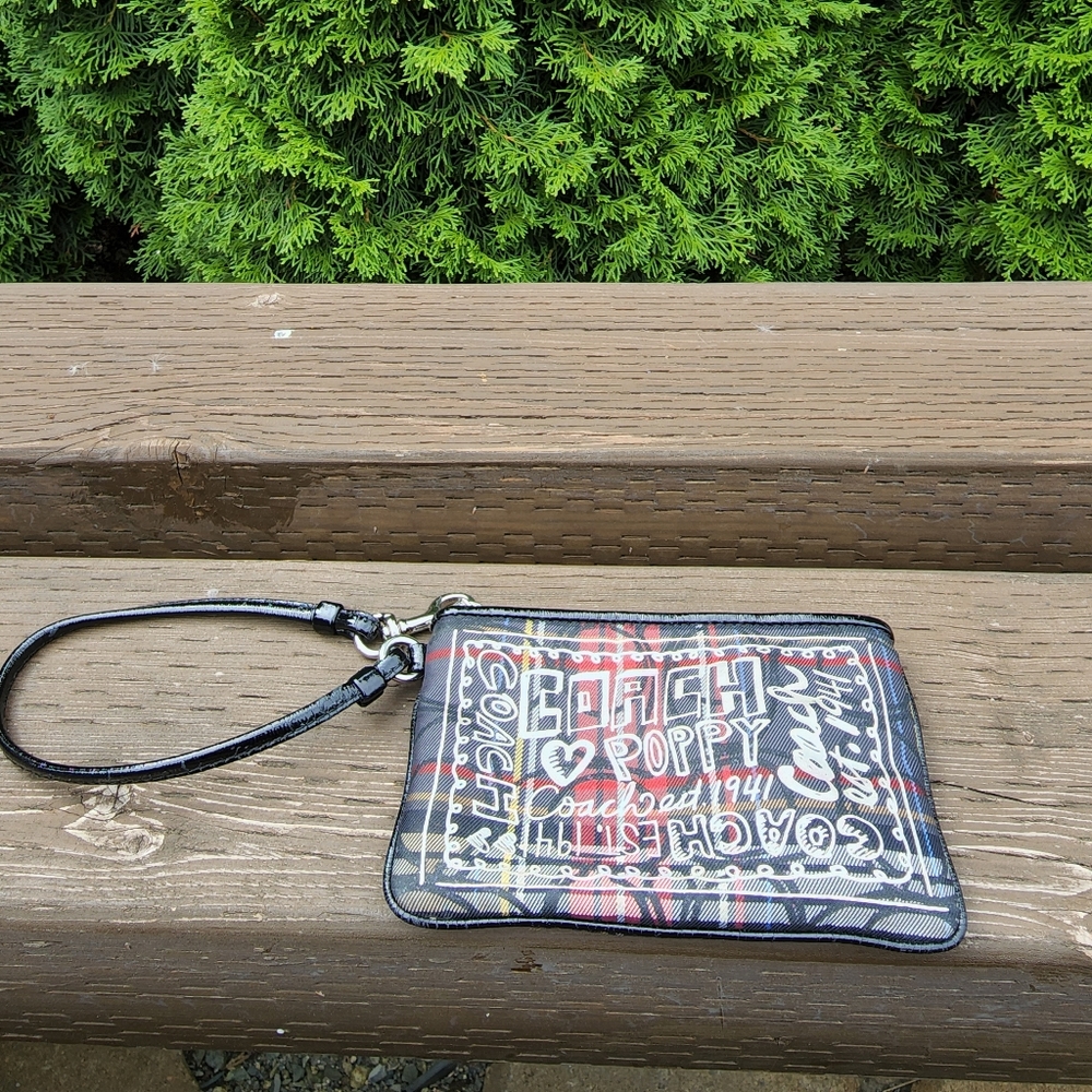 Coach Poppy multi color plaid mini sparkle bag wristlet